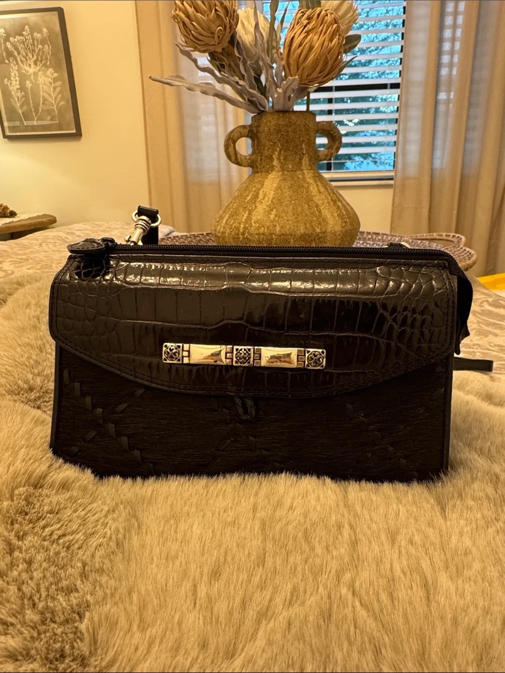 Vintage Brighton Black Leather & Haircalf Crossbody with Silver Hardware